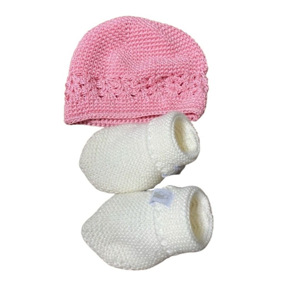Handmade Crocheted Baby Beanie Pink Hat and White Booties